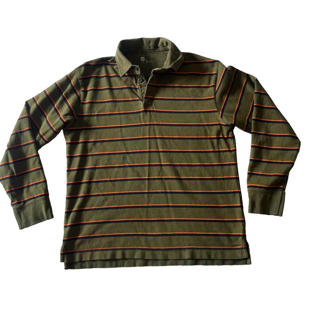 VTG Y2k Gap Rugby Shirt Mens Medium Army Green Stripe Cotton Long Sleeve Polo